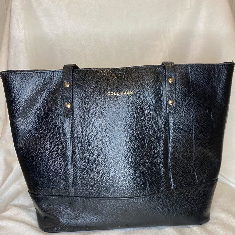 Cole Haan Black Pebbled Leather Small Tote Shopper Bag Purse
